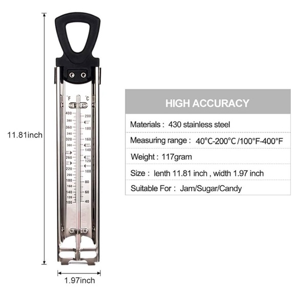 Candy Jam Deep Fry Thermometer Stainless Steel with Hanging Hook and Pot Clip - Picture 9 of 10